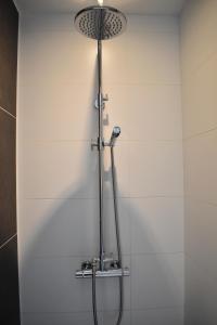 ナミュールにあるLa Mosaneの白いタイル張りのバスルーム(シャワー付)