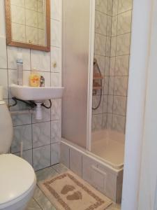 ein Bad mit einer Dusche, einem Waschbecken und einem WC in der Unterkunft MIWA - pokoje do wynajęcia in Mikołajki