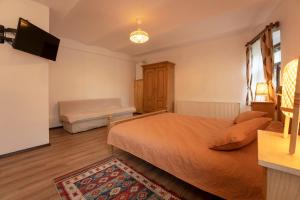 a bedroom with a bed and a couch and a television at Gloria Apartments in Sighişoara