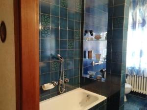 baño de azulejos azules con bañera y aseo en La collina degli olivi, en Carmignano