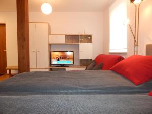 1 dormitorio con 1 cama y TV en una habitación en ROKO Apartments, en Kaunas