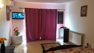 uma sala de estar com uma cortina rosa em frente a uma janela em Vila Rico em Tulcea
