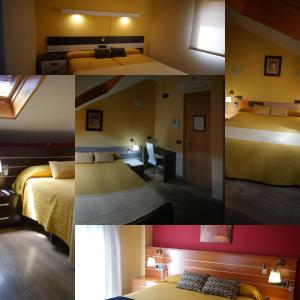 four pictures of a hotel room with two beds at Hostal Doña Juana in Ávila