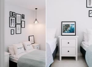 dwa zdjęcia sypialni z łóżkiem i telewizorem w obiekcie SeaSide Apartment w Rowach