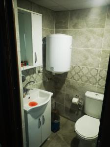 Łazienka z białą toaletą i umywalką w obiekcie İntepe Poseidon w mieście Çanakkale