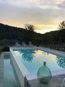 een zwembad met een vaas in het midden bij 360 views, private infinity pool, Pisa, Lucca, Florence, large garden in Casabasciana