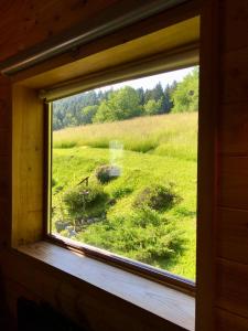 a window with a view of a field of grass at Gîte Le Mazot de Vouan in Saint-André-de-Boëge