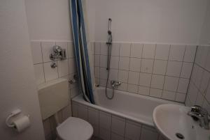 y baño con ducha, aseo y lavamanos. en Apartment Wangen, en Stuttgart