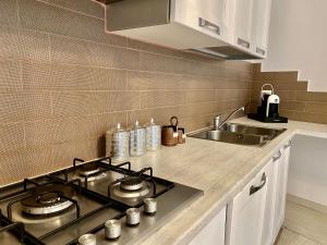 a kitchen with a stove and a sink at Appartamento Ibiscus in Cannigione