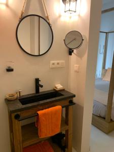 ein Bad mit einem Waschbecken und einem Wandspiegel in der Unterkunft B&B PETIT PRINCE, GENT in Gent