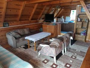 a living room with a couch and chairs in a cabin at Domek Jantar in Jantar