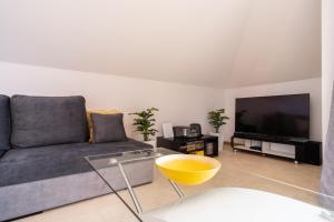 a living room with a couch and a television at Santa Luzia Funchal View in Funchal