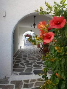 einen Gehweg mit roten Blumen auf der Seite eines Gebäudes in der Unterkunft Mare Monte in Chora, Ios