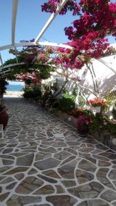 einen steinernen Gehweg mit Blumen und Pflanzen darauf in der Unterkunft Mare Monte in Chora, Ios
