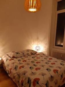 une chambre avec un lit avec une couette dessus dans l'établissement La Villa des Thermes, à Le Mont-Dore