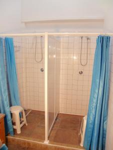 baño con ducha con cortinas azules en Albergue San Bruno, en Moratinos