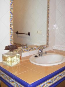 a bathroom with a sink and a mirror on a counter at Casa Antuña in Leceñes