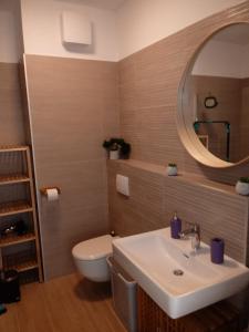 bagno con lavandino, servizi igienici e specchio di SEAVIEW ROGOZNICA a Rogoznica (Rogosnizza)