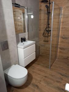 a bathroom with a toilet and a shower and a sink at BALT Marynarska 8 in Sarbinowo