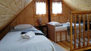 2 Betten in einer Holzhütte mit Fenstern in der Unterkunft Robinzonski smještaj Green Peak in Tuhelj