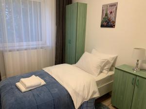 1 dormitorio pequeño con 1 cama y armario verde en Happy M&S, en Šabac