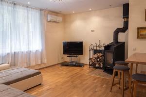 sala de estar con chimenea y TV de pantalla plana en Family-friendly 2 rooms apartment with view to a forest, en Juodkrantė