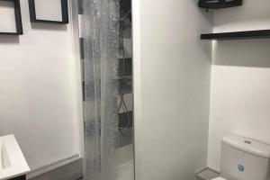 La salle de bains est pourvue d'une douche avec une porte en verre. dans l'établissement Studio de la Tour des rondes - tout confort plein-centre, à Lavaur