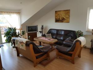 - un salon avec un canapé en cuir et une table dans l'établissement Ferienwohnungen Sansibar, à Kasnevitz
