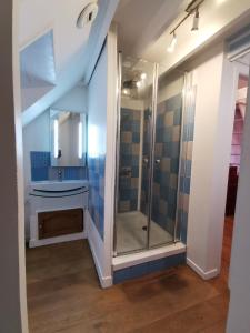 ein Bad mit einer Dusche und einem Waschbecken in der Unterkunft Phare des Impressionnistes in Honfleur