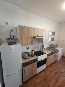 una cucina con frigorifero bianco e armadietti in legno di Haus am Eichenwall, Fewo1, Residenz + Ferienwohnungen a Friedland