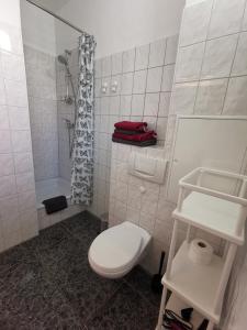 een witte badkamer met een toilet en een douche bij Haus am Eichenwall, Fewo1, Residenz + Ferienwohnungen in Friedland