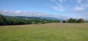 duże pole ze stodołą w oddali w obiekcie Nire Valley Eco Camp w mieście Ballymacarbry