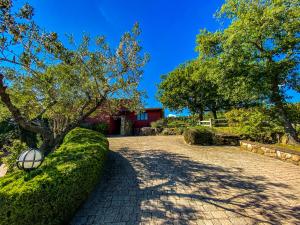 a cobblestone driveway with a tree and a building at Villa Delle Rose in Castel Rigone
