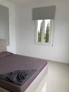 a bed in a white room with a window at Oasi Rejuve Poseidon in Meneou