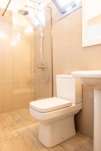a bathroom with a shower and a toilet and a sink at Janakis Garden Livadi Beach in (( Spile ))