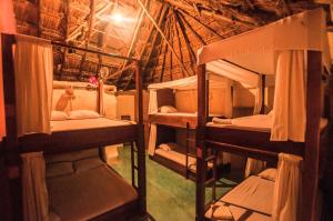 a room with three bunk beds in a building at Chill Inn Hostel in Tulum