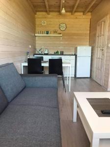 salon z kanapą i kuchnią w obiekcie Uroczy Zakątek Domki w Sarbinowie w Sarbinowie