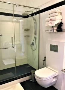 La salle de bains est pourvue d'une douche et de toilettes. dans l'établissement Arena Hotel, à Beruwala