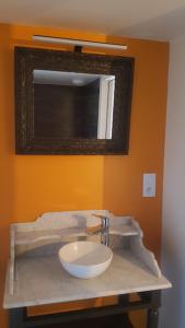 a bathroom with a sink and a mirror at Chez Francine La Chenevière in Saint-Rémy-de-Chargnat