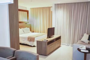a hotel room with a bed and a television at Samba Rio Convention & Residence in Rio de Janeiro
