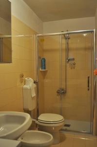 y baño con ducha, aseo y lavamanos. en Bilocale a due passi dal Gran Paradiso en Locana
