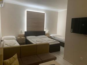 a bedroom with two beds and a flat screen tv at LAS PALMAS ROOMS in Štúrovo