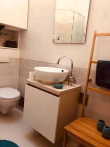 uma casa de banho com um lavatório, um WC e um espelho. em ROOM 44 em Osijek