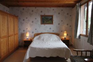 um quarto com uma cama e duas lâmpadas em duas mesas em Le Vieux Chalet em Embrun