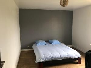 Un dormitorio con una cama con almohadas azules. en Gîte Manava - grande maison avec jardin en centre ville, en Valognes