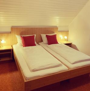 a bedroom with two beds with red pillows at Gasthof Wilhelm Tell Fremdenzimmer in Zirndorf