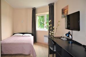 um quarto com uma cama, uma secretária e uma televisão em Hotel Emmi em Pärnu