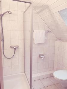 La salle de bains est pourvue d'une douche et de toilettes. dans l'établissement Gasthof Wilhelm Tell Fremdenzimmer, à Zirndorf