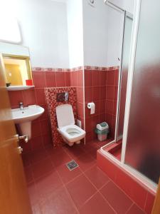Baño rojo con aseo y lavamanos en Vila Gente, en Mamaia Nord – Năvodari