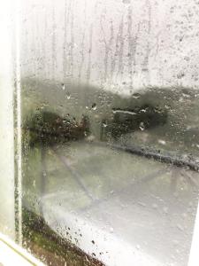 een met regen doordrenkt raam met uitzicht op een straat bij Shiny Villa in Nuwara Eliya